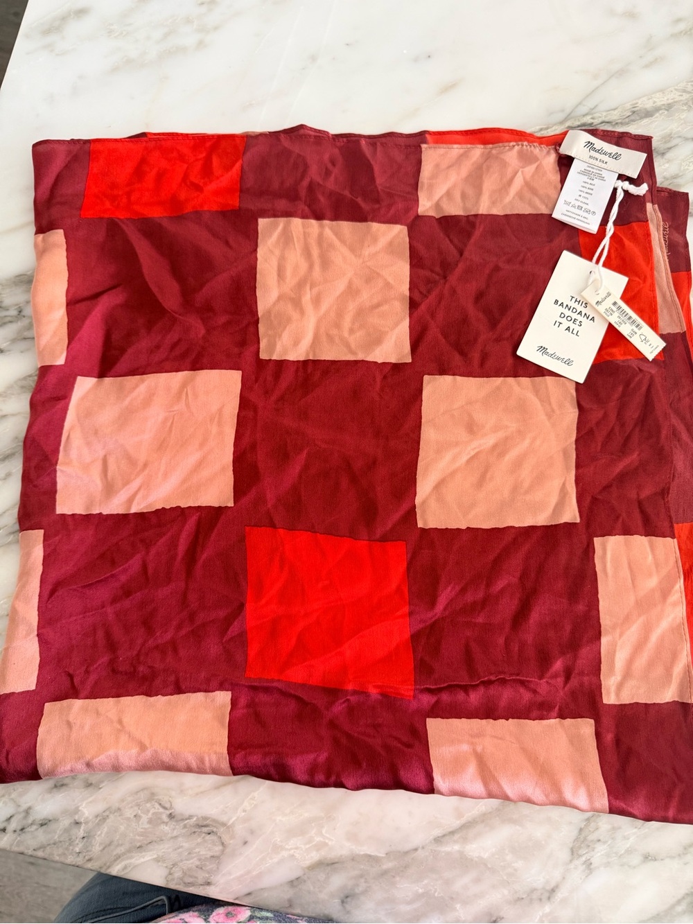 Madewell 100% Silk Red & Pink Geometric Square Scarf NWT